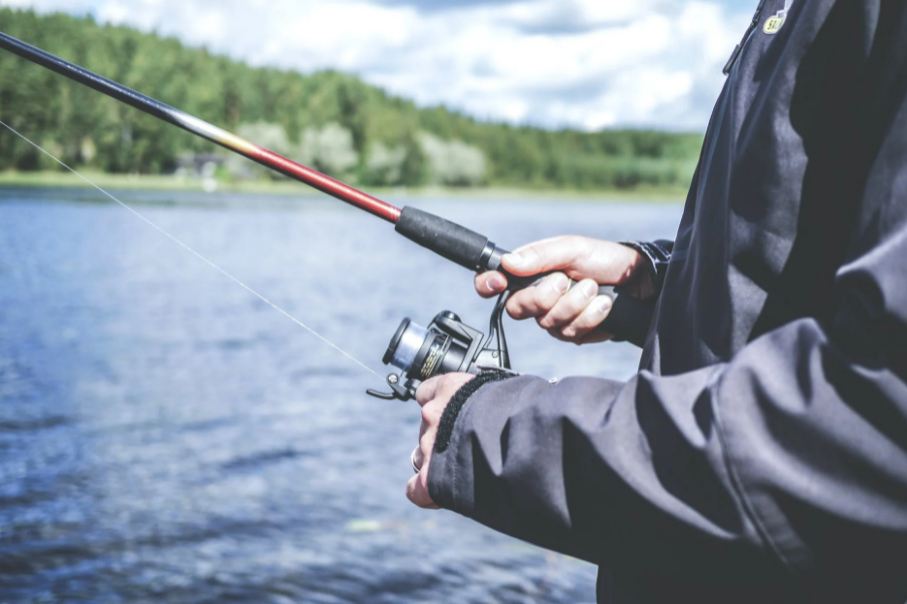 a person holding a fishing rod and catching fish in a local lake