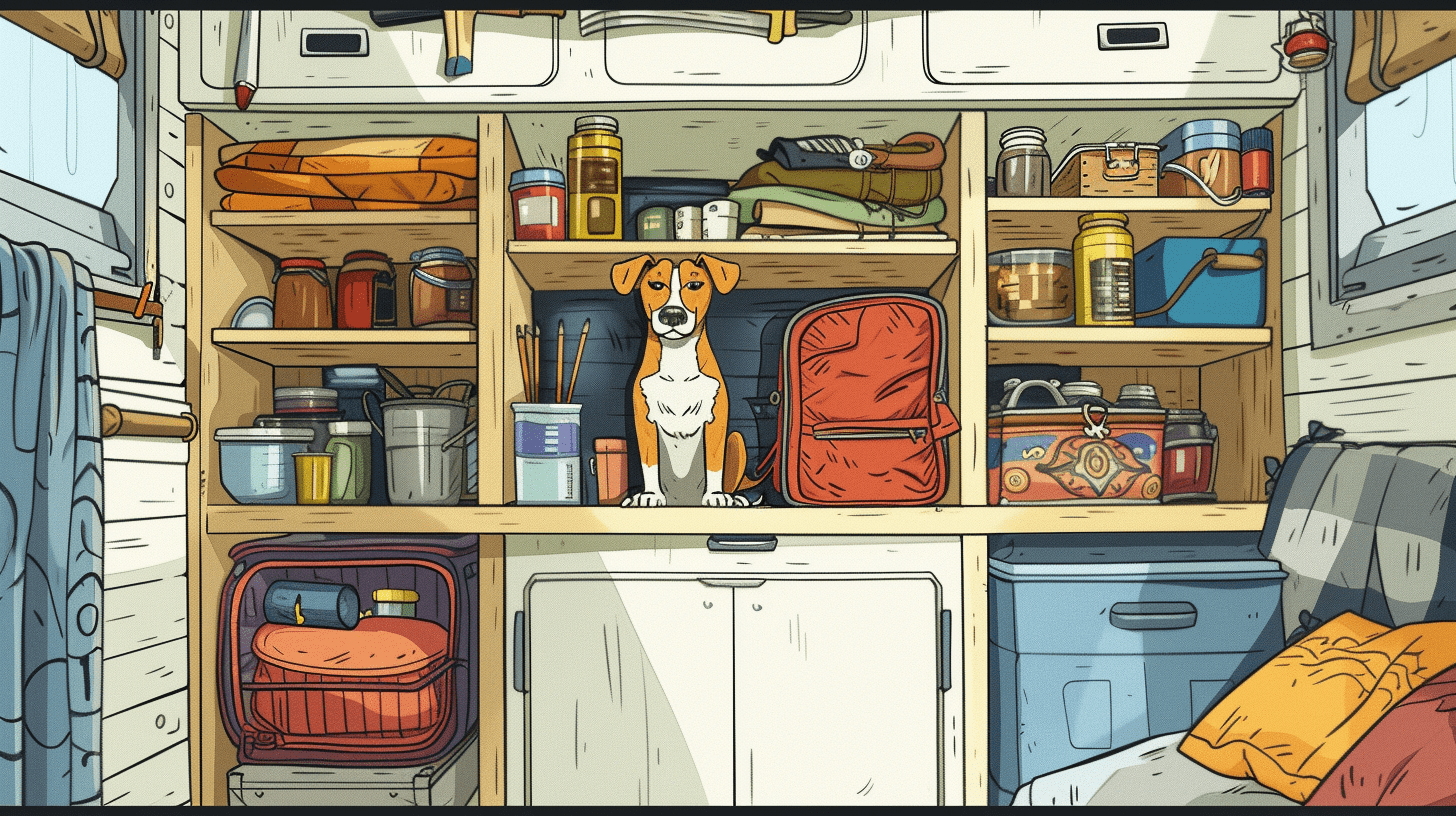compact, cozy tiny home interior, with space-saving shelves filled with pet supplies. Include a happy pet