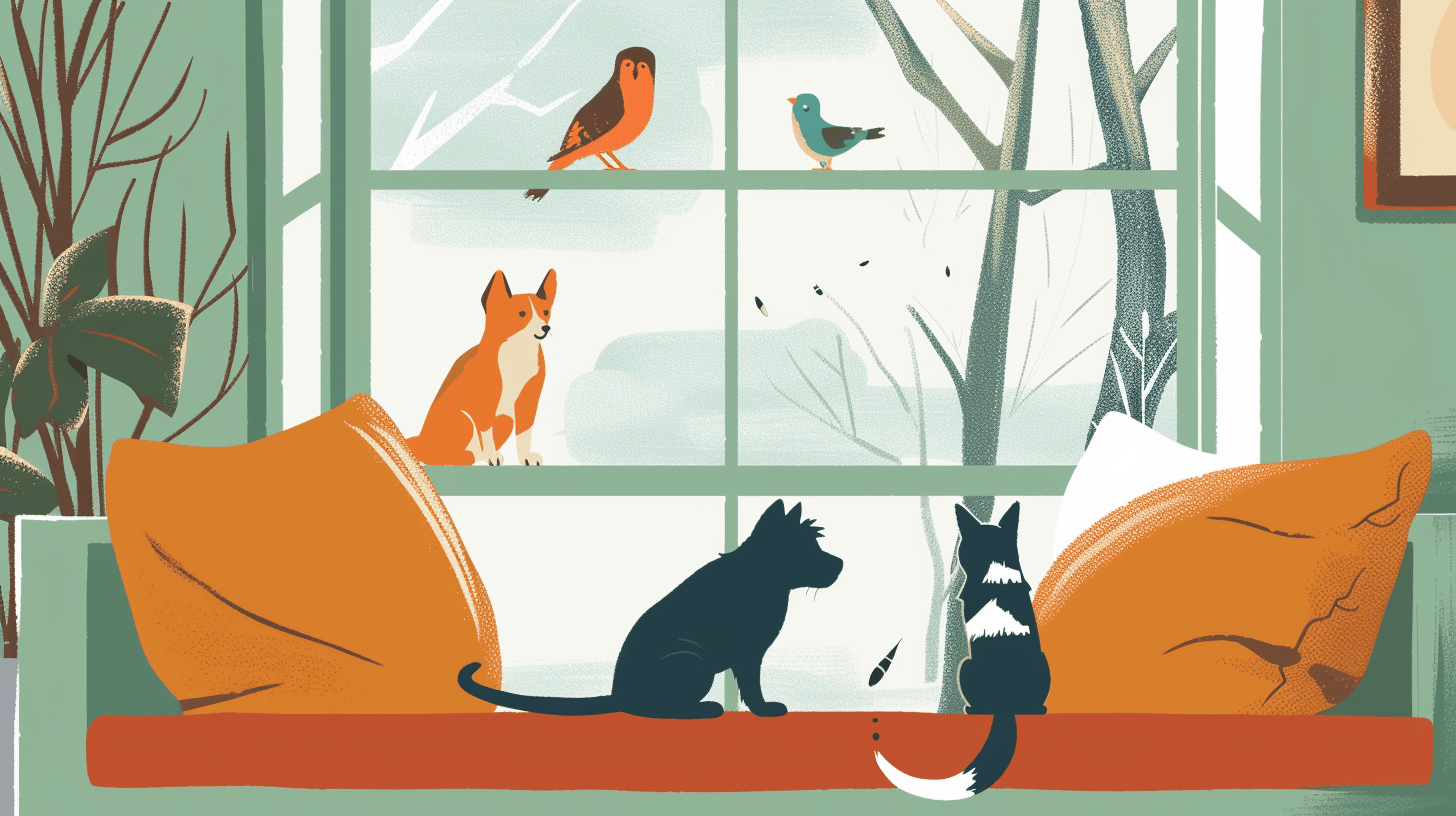 a cozy tiny home interior with diverse pets (dog, cat, bird, fish) looking out the window, highlighting size compatibility and comfort