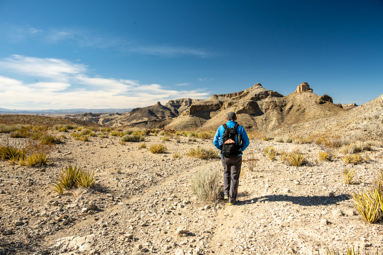 man in blue coat hikes across Mesa De Anguilla in Big Bend National Park