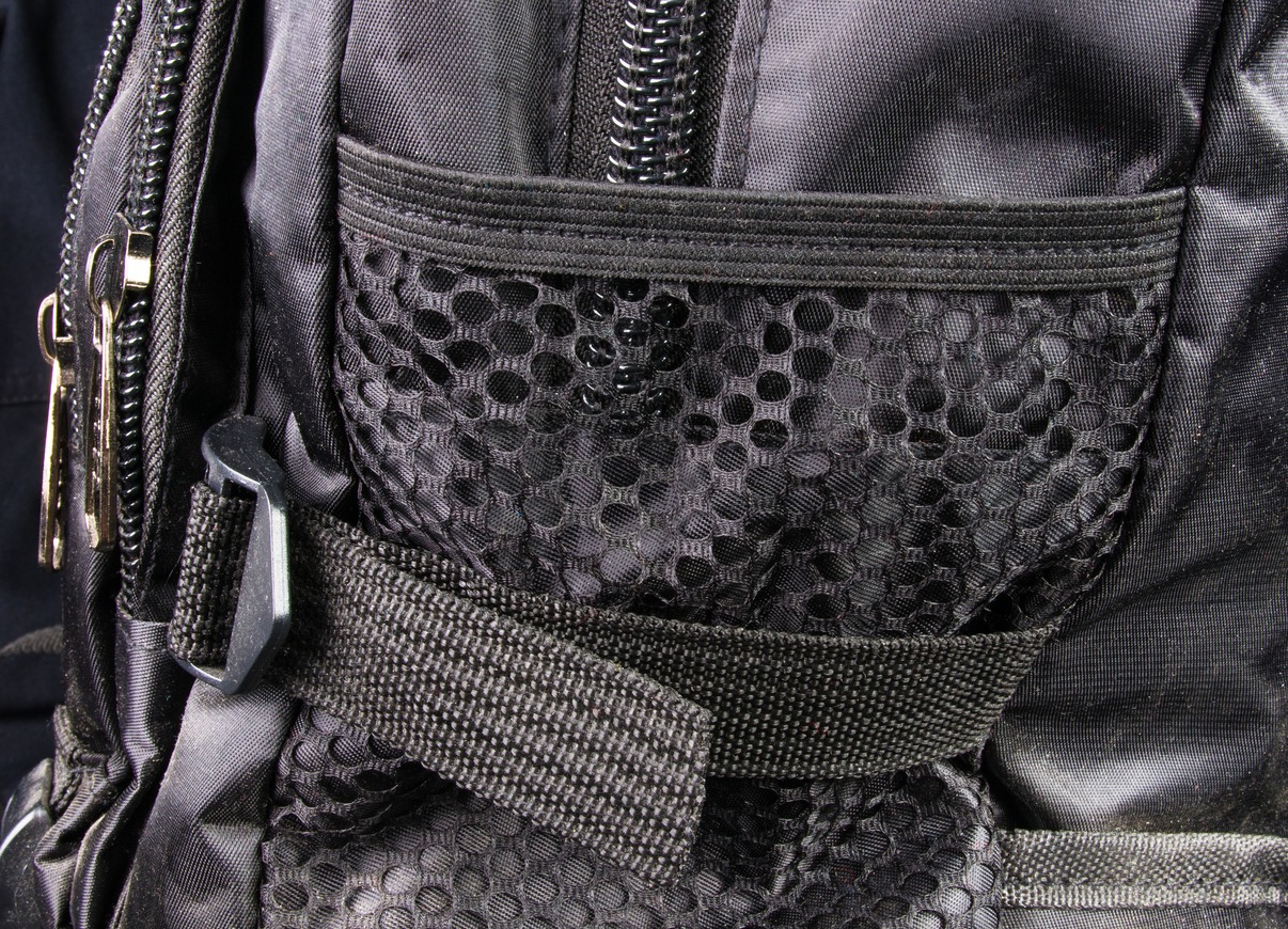 Closeup of buckles, clasps, zippers, pockets, fasteners, fittings and seams in the black