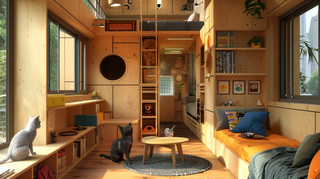 a compact, multifunctional tiny home where furniture doubles as pet play structures, like a bookshelf with cat climbing steps, a hidden dog bed under a coffee table, and a small balcony turned into a pet playground