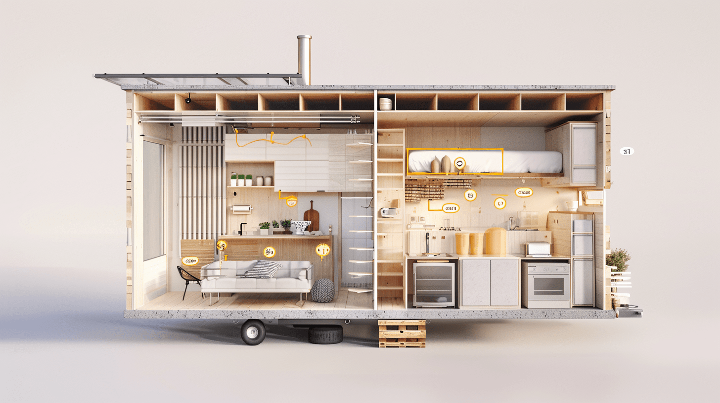 cross section of a one story tiny home on wheels