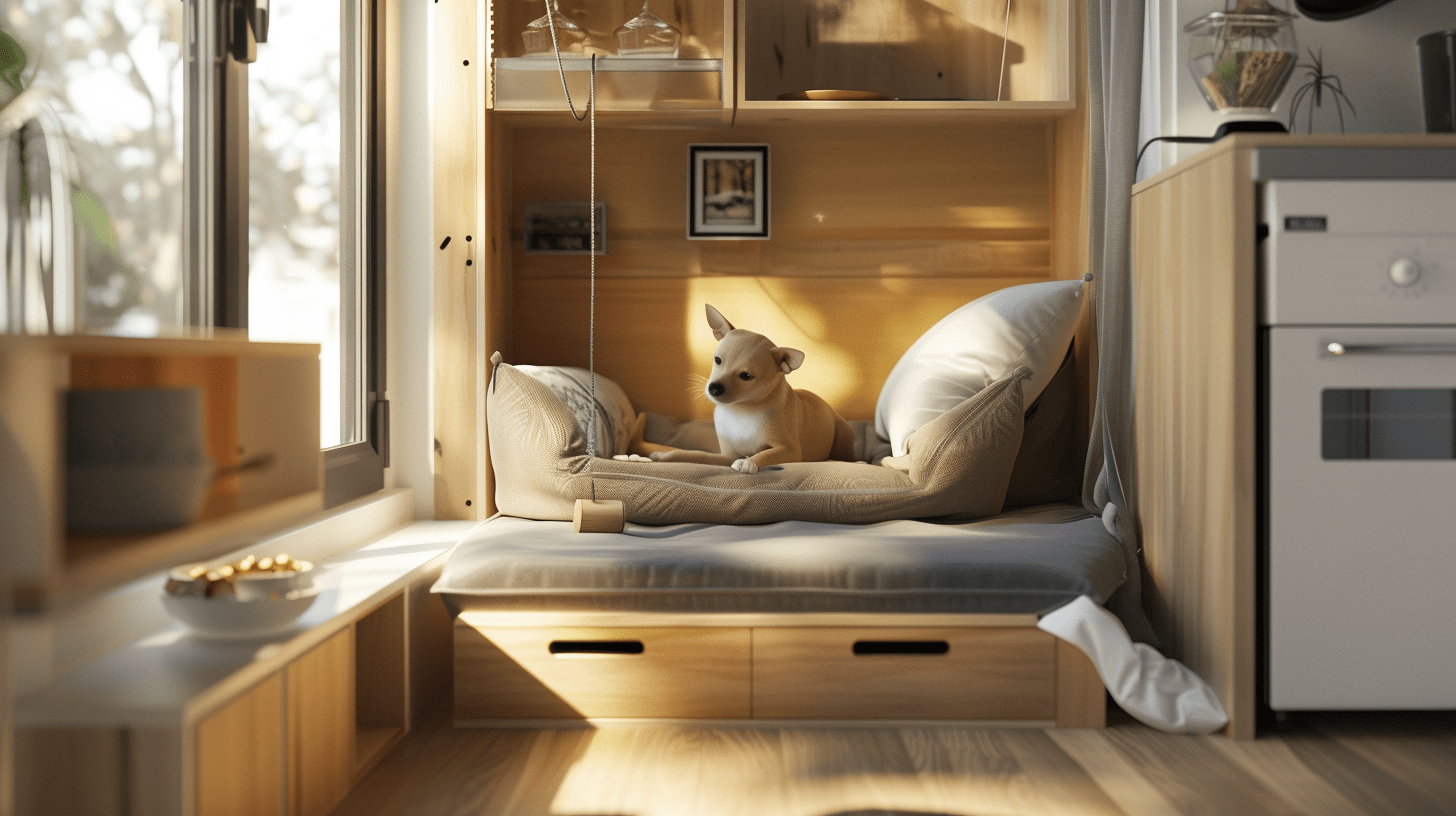 tiny home interior with multi-functional pet furniture, like a bed integrated into a shelf and a foldable feeding area