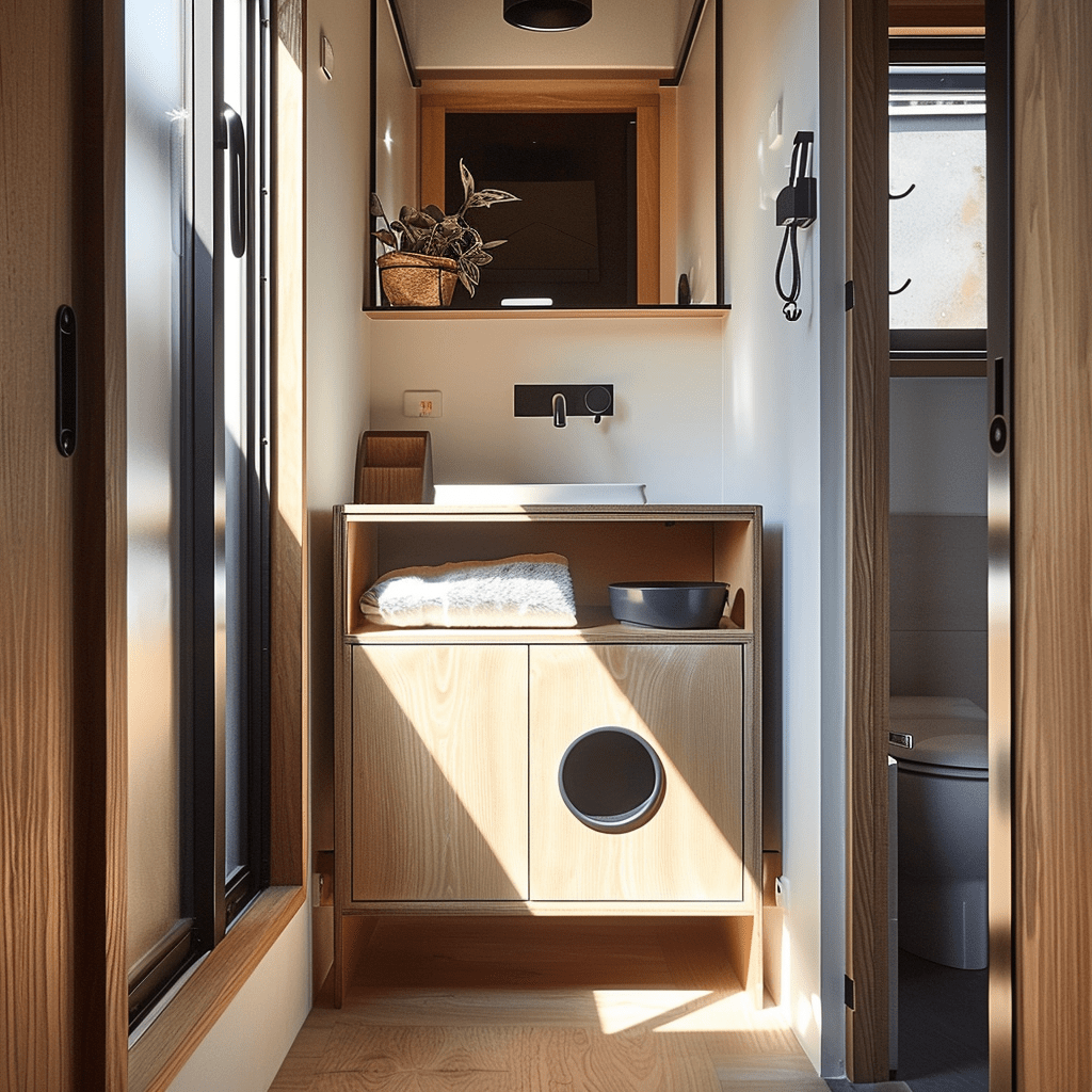 small, stylish tiny home, with a cat litter box ingeniously integrated into a modern piece of furniture