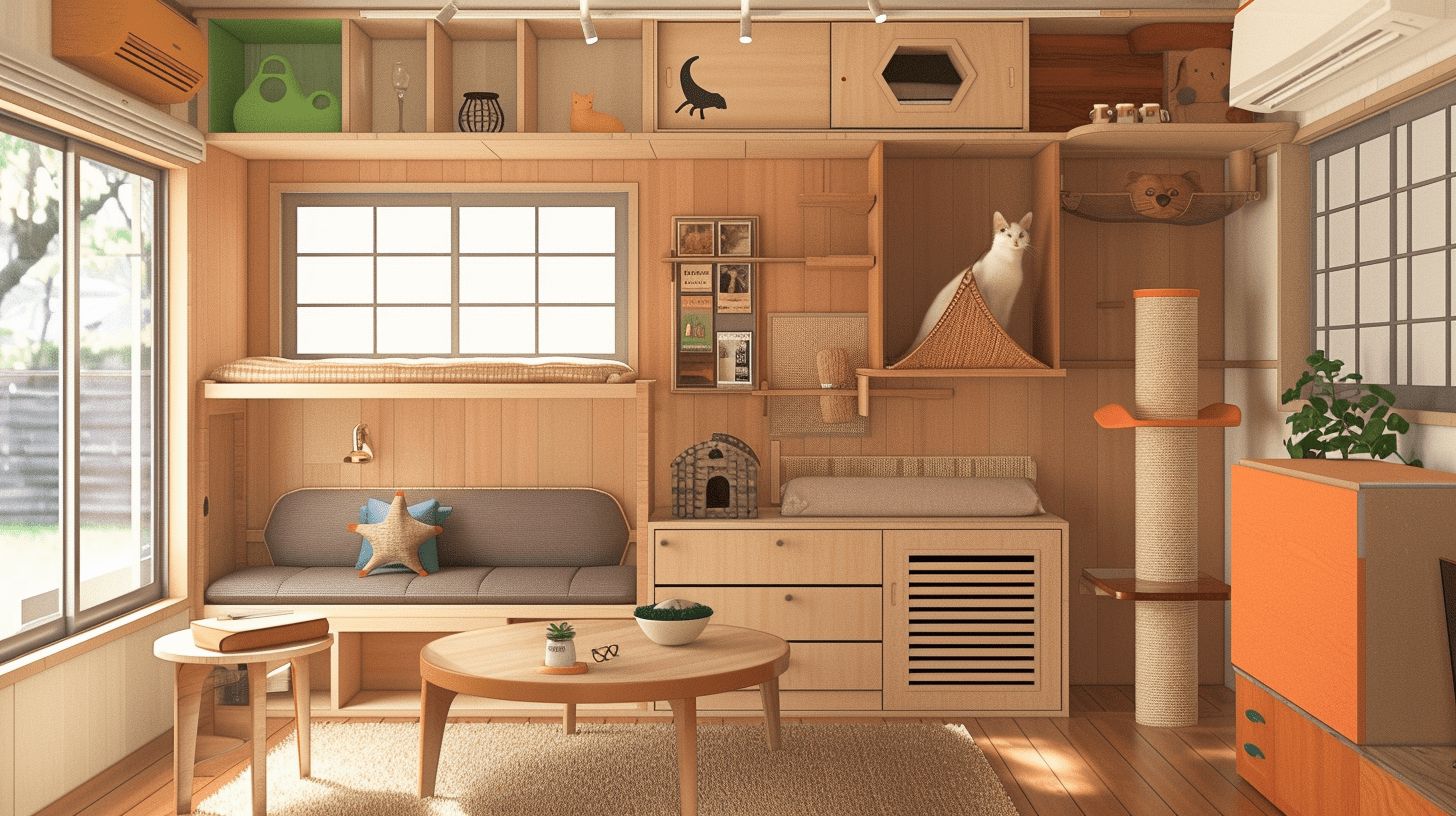 tiny home interior with multifunctional pet furniture - a cat climbing wall doubling as a bookshelf