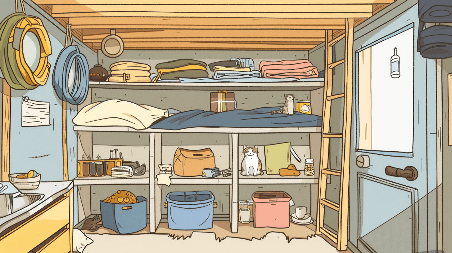 tiny home interior, with space-saving shelves filled with pet supplies. Include a happy pet amidst organized zones for eating, playing, and sleeping